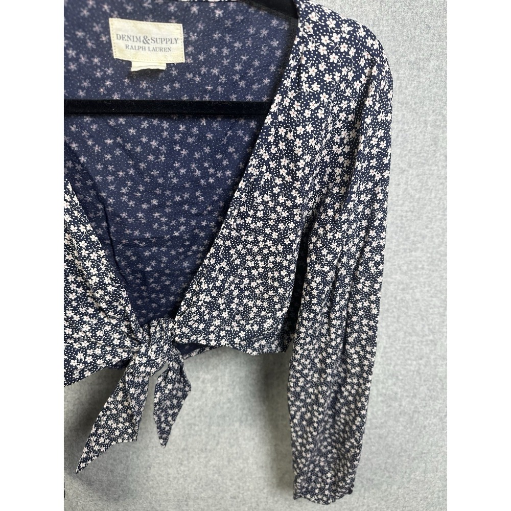 Denim & Supply Ralph Lauren Womens Top Large Blue Floral Cropped Blouse Tie - Picture 7 of 12